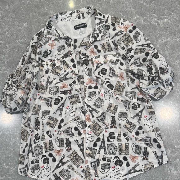 Karl Lagerfeld White Graphic Button Down Shirt - Picture 1 of 3